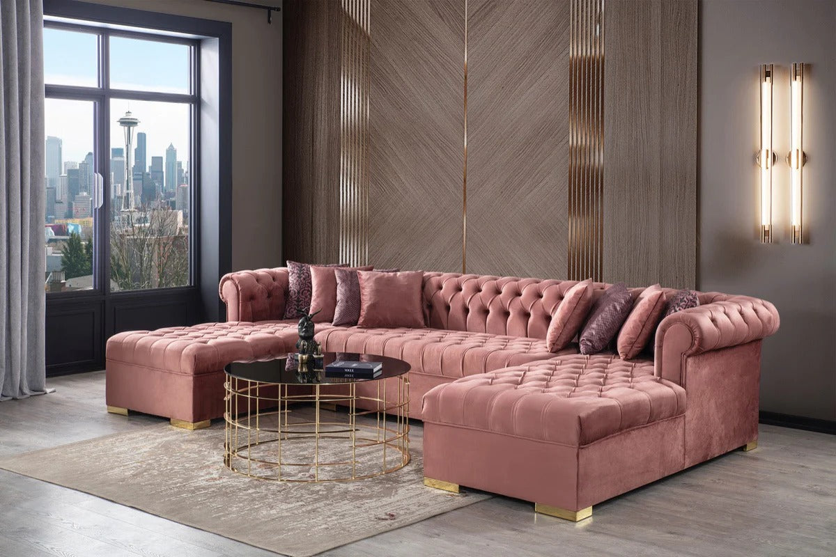 Lauren Pink Velvet Double Chaise Sectional - SET | LAURENPINK-SEC | LAURENPINK-OTT - Bien Home Furniture &amp; Electronics