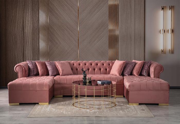 Lauren Pink Velvet Double Chaise Sectional - SET | LAURENPINK-SEC | LAURENPINK-OTT - Bien Home Furniture &amp; Electronics