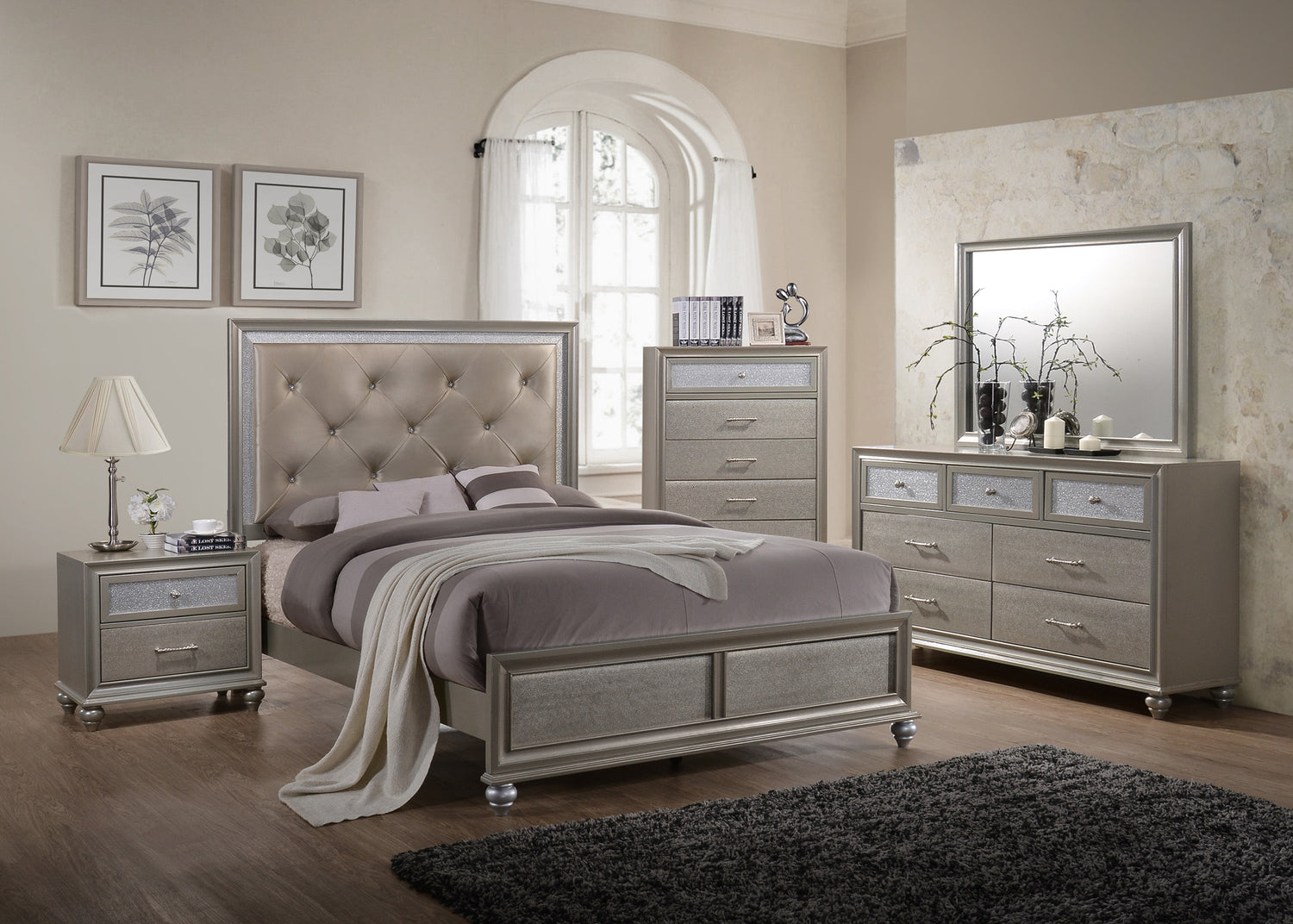 Lila Champagne Queen Upholstered Panel Bed - SET | B4390-Q-HBFB | B4390-KQ-RAIL - Bien Home Furniture &amp; Electronics