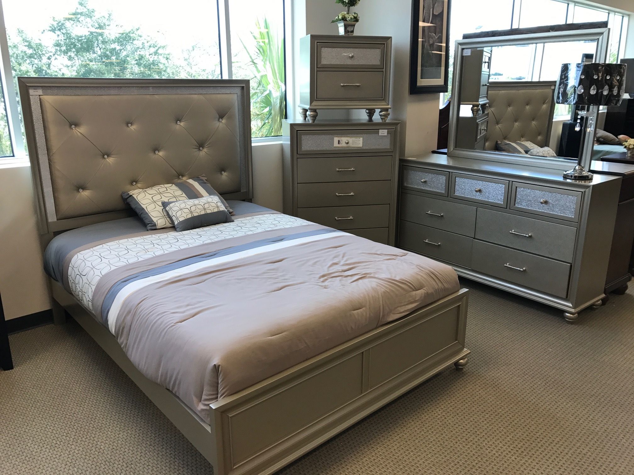 Lila Champagne Upholstered Panel Bedroom Set - SET | B4390-K-HBFB | B4390-KQ-RAIL | B4390-1 | B4390-11 | B4390-2 | B4390-4 - Bien Home Furniture &amp; Electronics