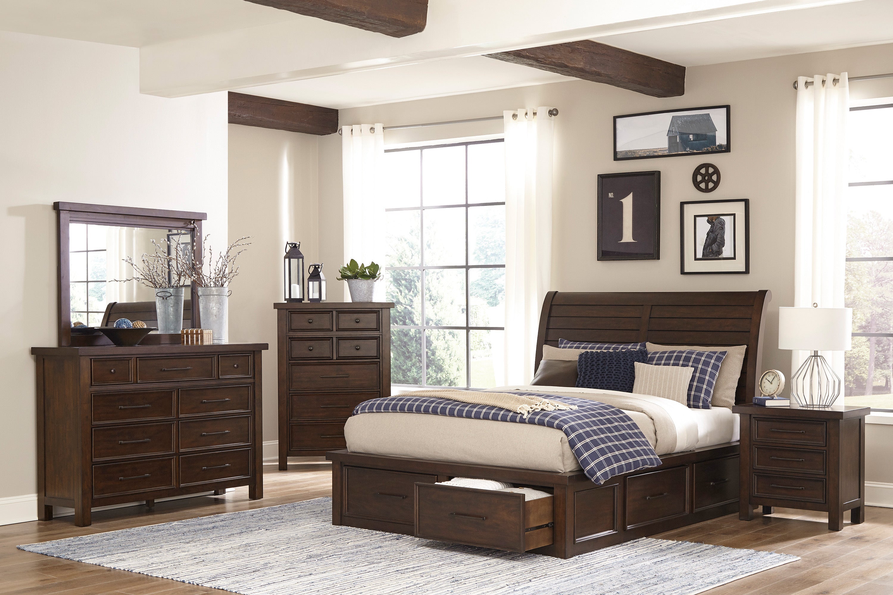 Logandale Brown Queen Sleigh Storage Platform Bed - SET | 1559-1 | 1559-2 | 1559-3DW(2) - Bien Home Furniture &amp; Electronics