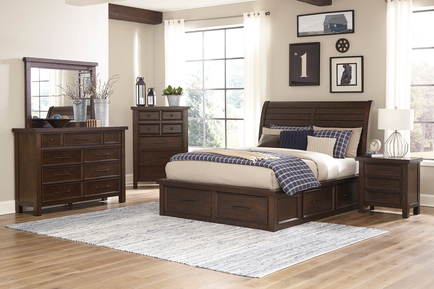 Logandale Brown Queen Sleigh Storage Platform Bed - SET | 1559-1 | 1559-2 | 1559-3DW(2) - Bien Home Furniture &amp; Electronics