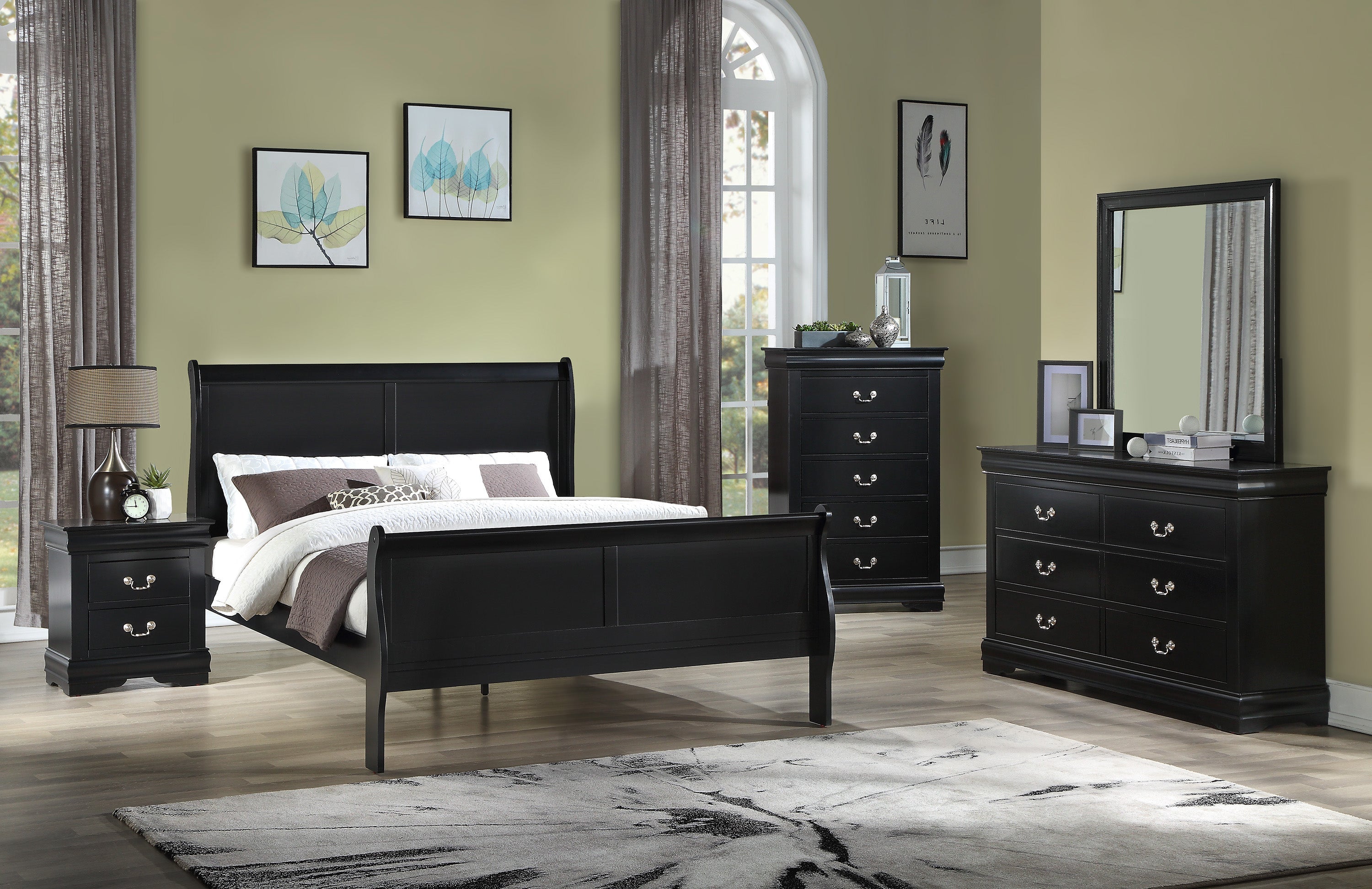 Louis Philip Black Full Sleigh Bed - SET | B3950-F-HBFB | B3950-F-RAIL - Bien Home Furniture &amp; Electronics