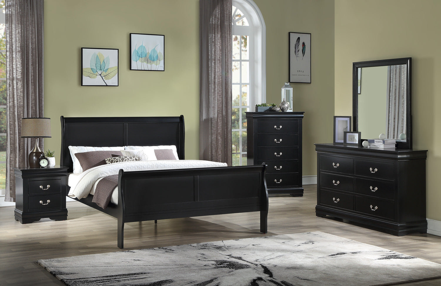 Louis Philippe III Black Full Sleigh Bed w/Dresser and Mirror New