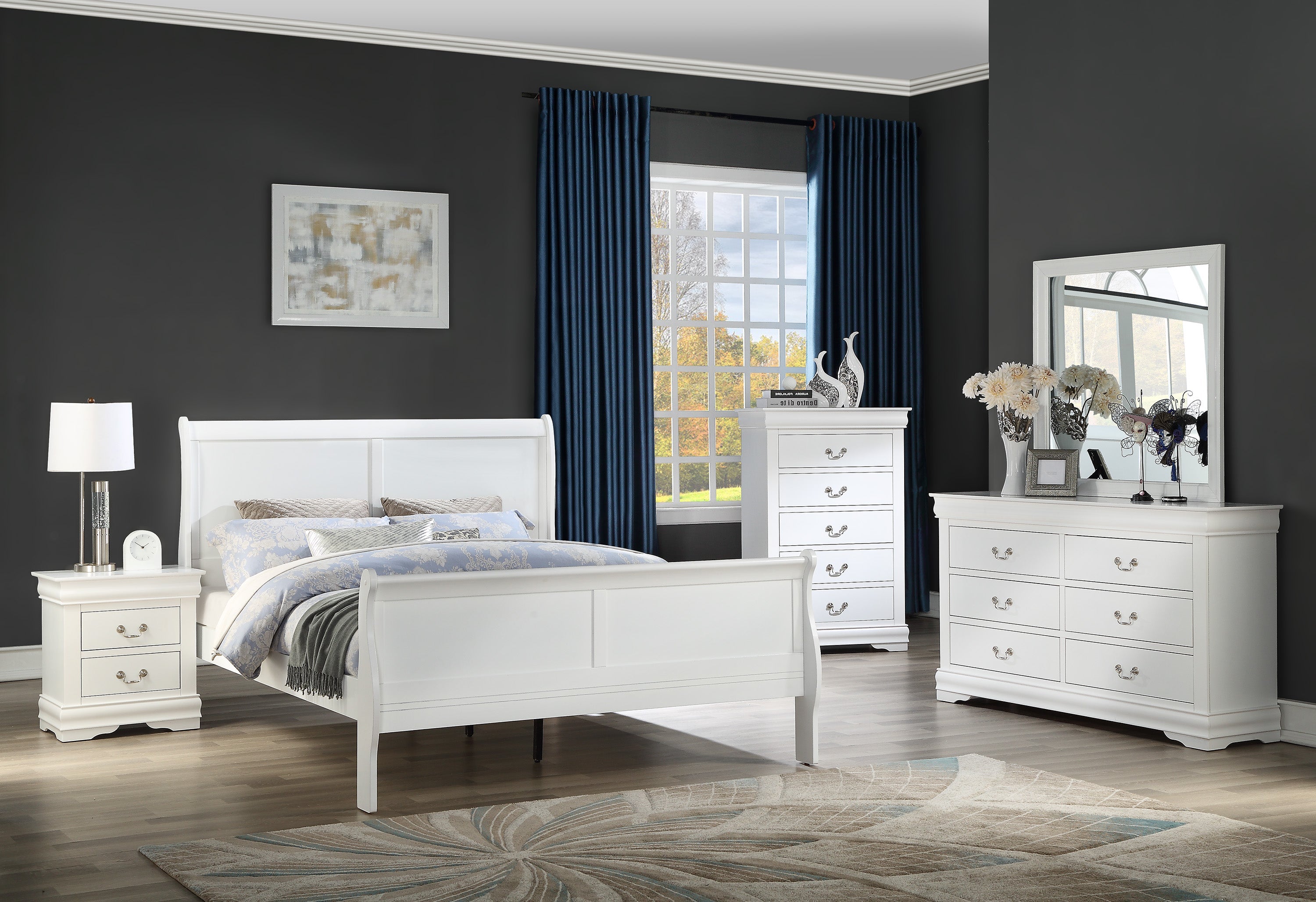 Louis Philip White Sleigh Bedroom Set - SET | B3650-Q-HBFB | B3650-Q-RAIL | B3650-1 | B3650-11 - Bien Home Furniture &amp; Electronics