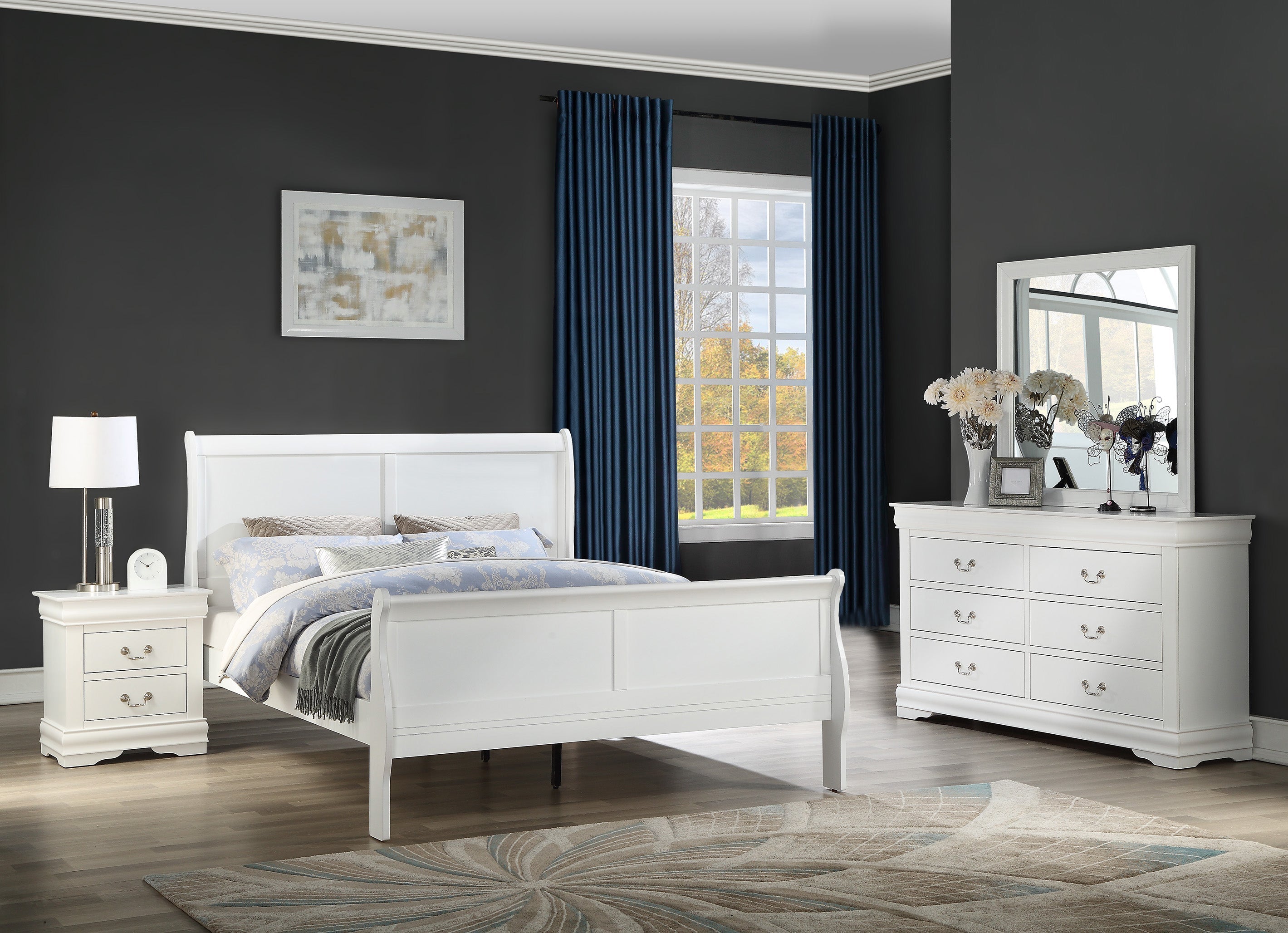 Louis Philip White Sleigh Bedroom Set - SET | B3650-Q-HBFB | B3650-Q-RAIL | B3650-1 | B3650-11 - Bien Home Furniture &amp; Electronics