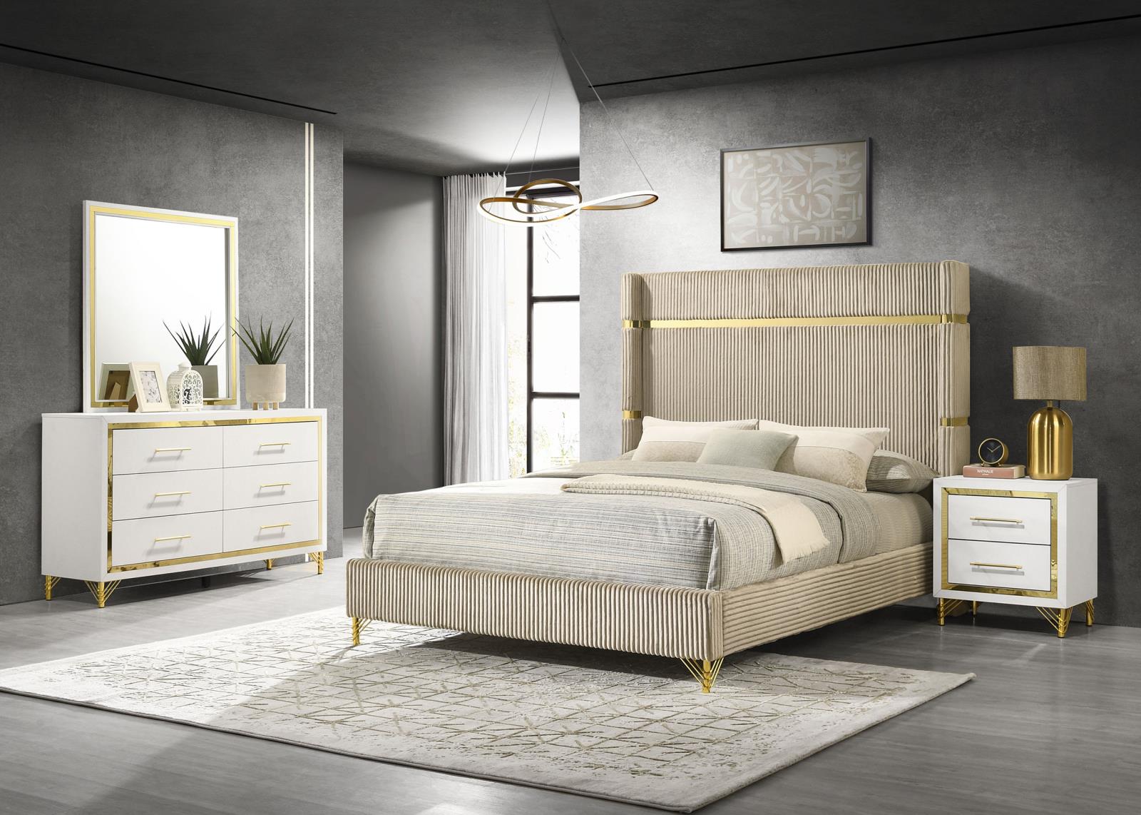 Lucia 4-piece Bedroom Set with Upholstered Eastern King Wingback Panel Bed Beige - 224731KE-S4 - Bien Home Furniture &amp; Electronics