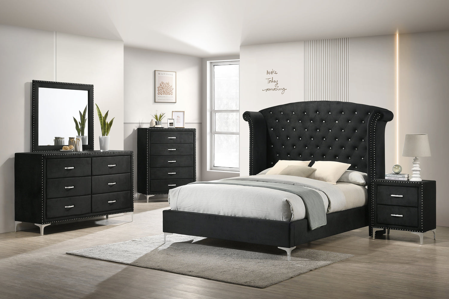 Lucinda Black Upholstered Wingback Panel Bedroom Set - SET | B9265-Q-HB | B9265-Q-FBRL | B9265-KQ-WG | B9265-2N | B9265-4 - Bien Home Furniture &amp; Electronics