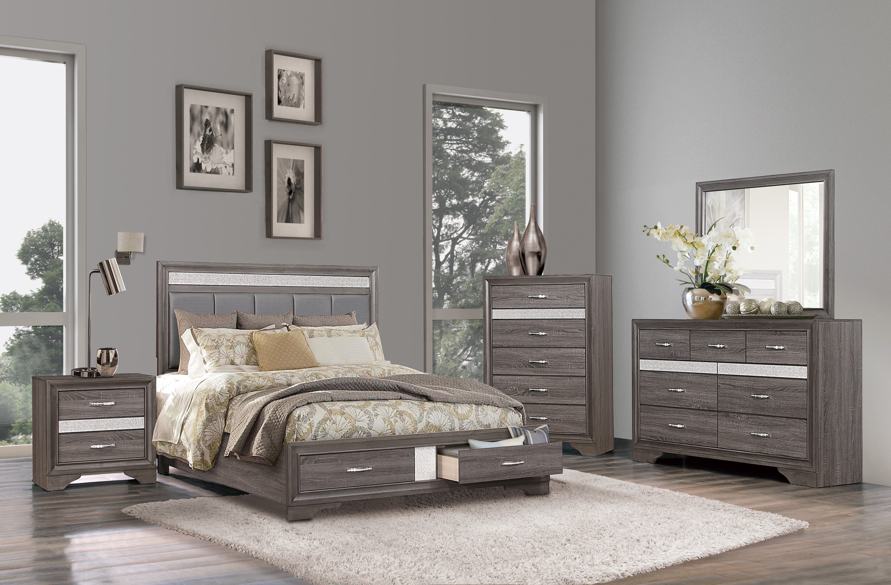 Luster Gray Upholstered Storage Platform Bedroom Set - SET | 1505K-1 | 1505K-3EK | 1505-DW | 1505-5 | 1505-6 | 1505-4 | 1505-9 - Bien Home Furniture &amp; Electronics