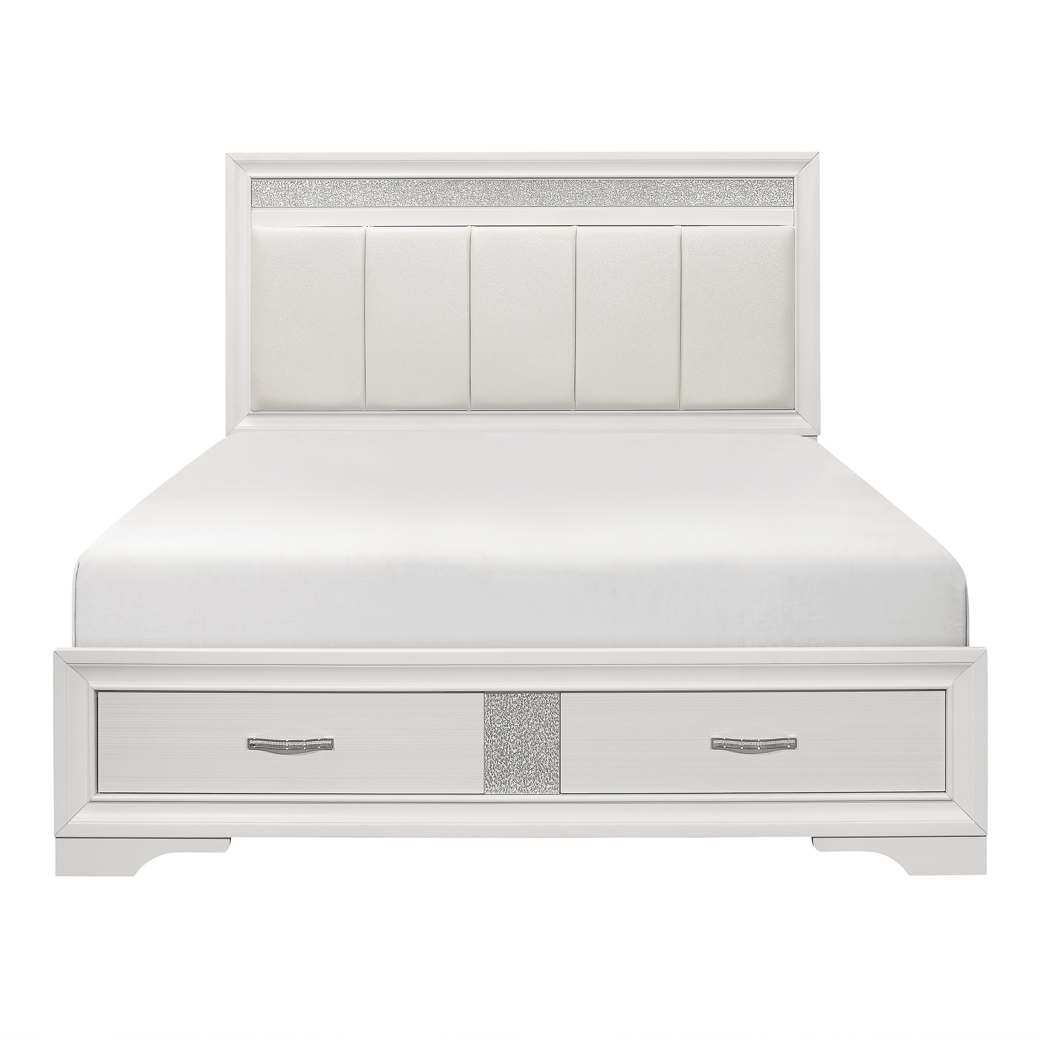 Luster White Queen Upholstered Storage Platform Bed - SET | 1505W-1 | 1505W-3 | 1505W-DW - Bien Home Furniture &amp; Electronics