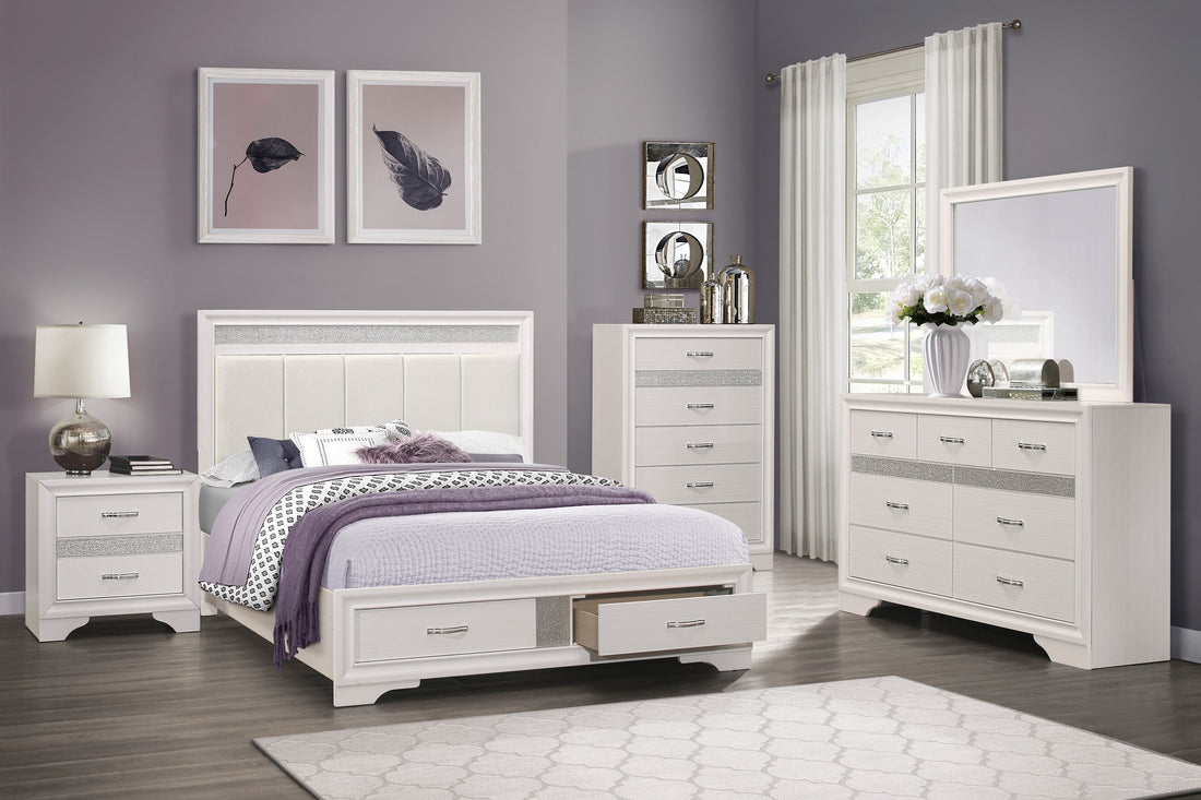 Luster White Upholstered Storage Platform Bedroom Set - SET | 1505WK-1 | 1505WK-3EK | 1505W-DW | 1505W-5 | 1505W-6 | 1505W-4 | 1505W-9 - Bien Home Furniture &amp; Electronics