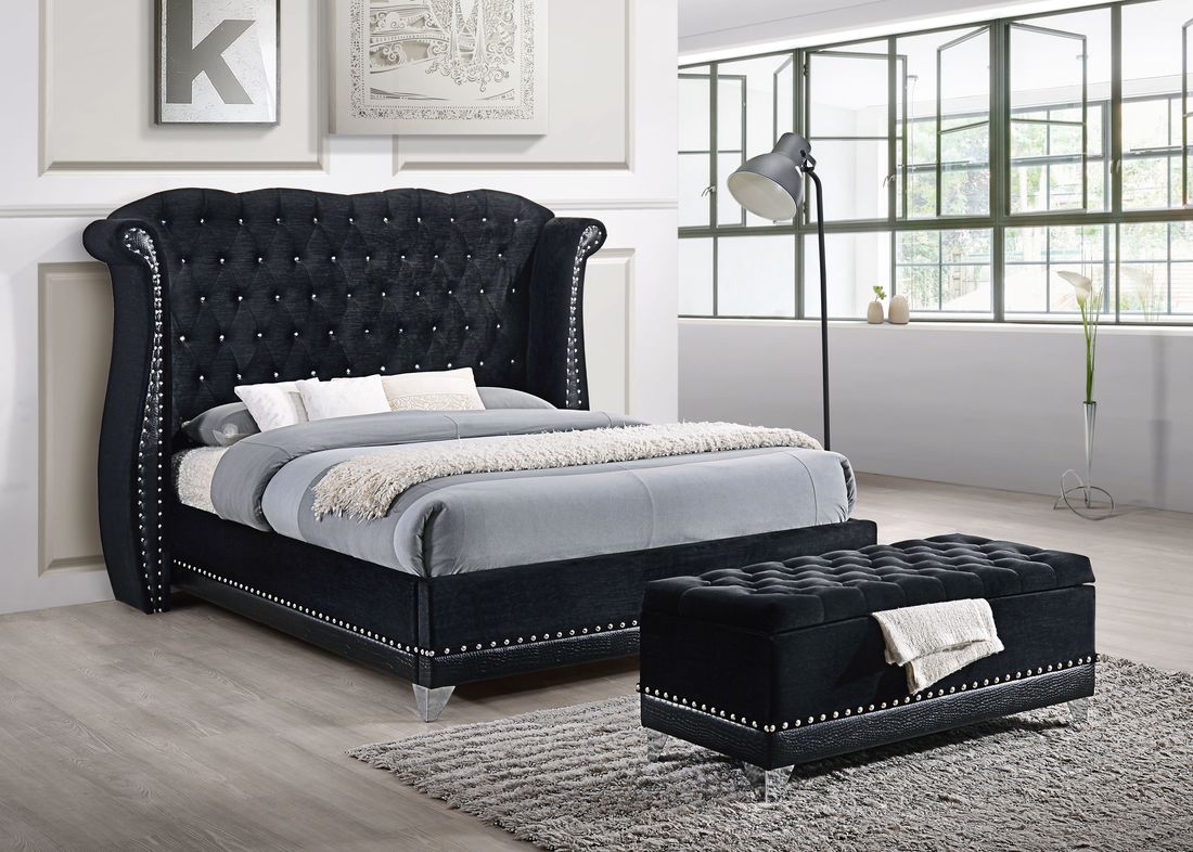 Luxor Black Velvet Queen Platform Bed - Luxor - Black Queen - Bien Home Furniture &amp; Electronics