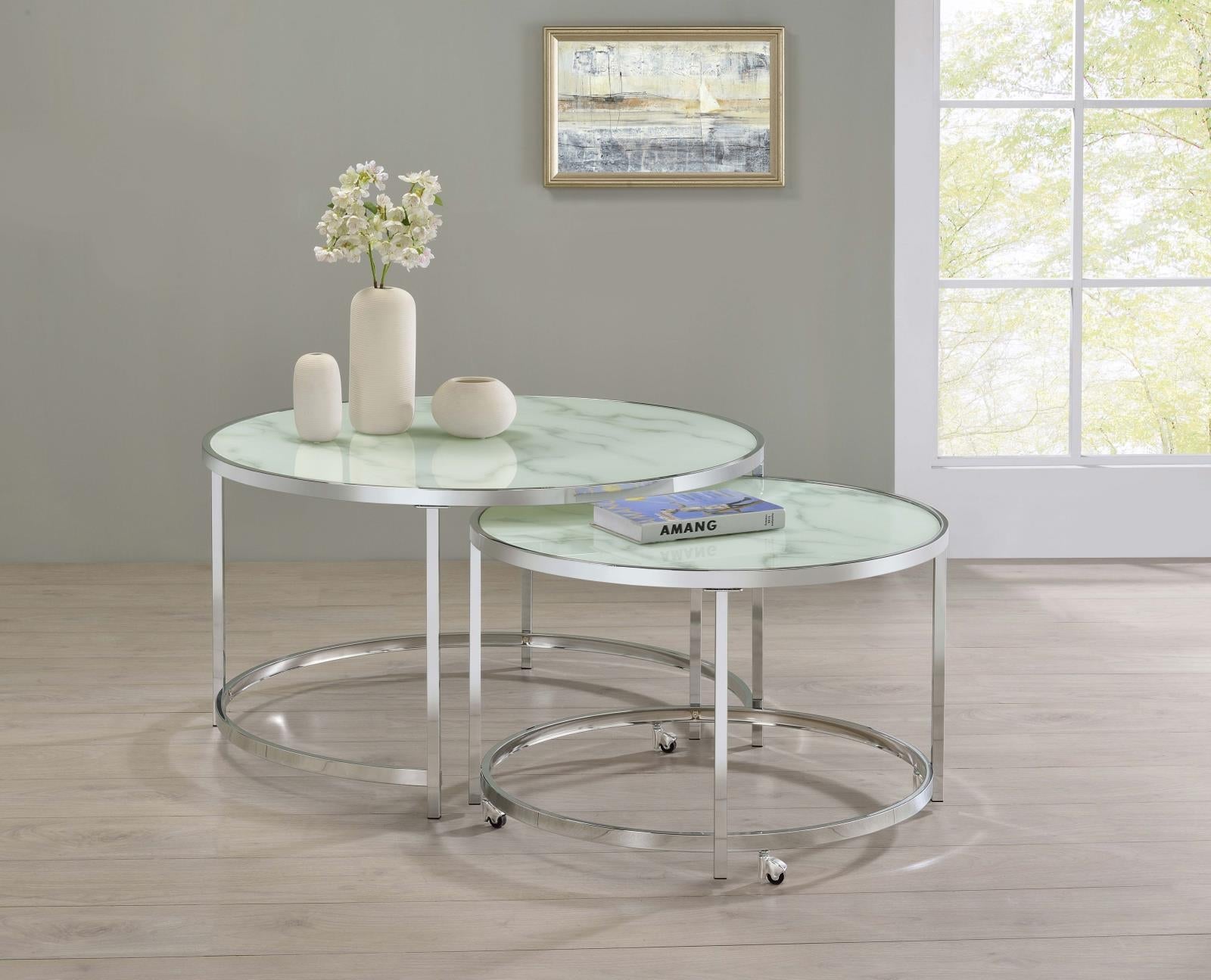 Lynn 2-Piece Round Nesting Table White/Chrome - 721528 - Bien Home Furniture &amp; Electronics