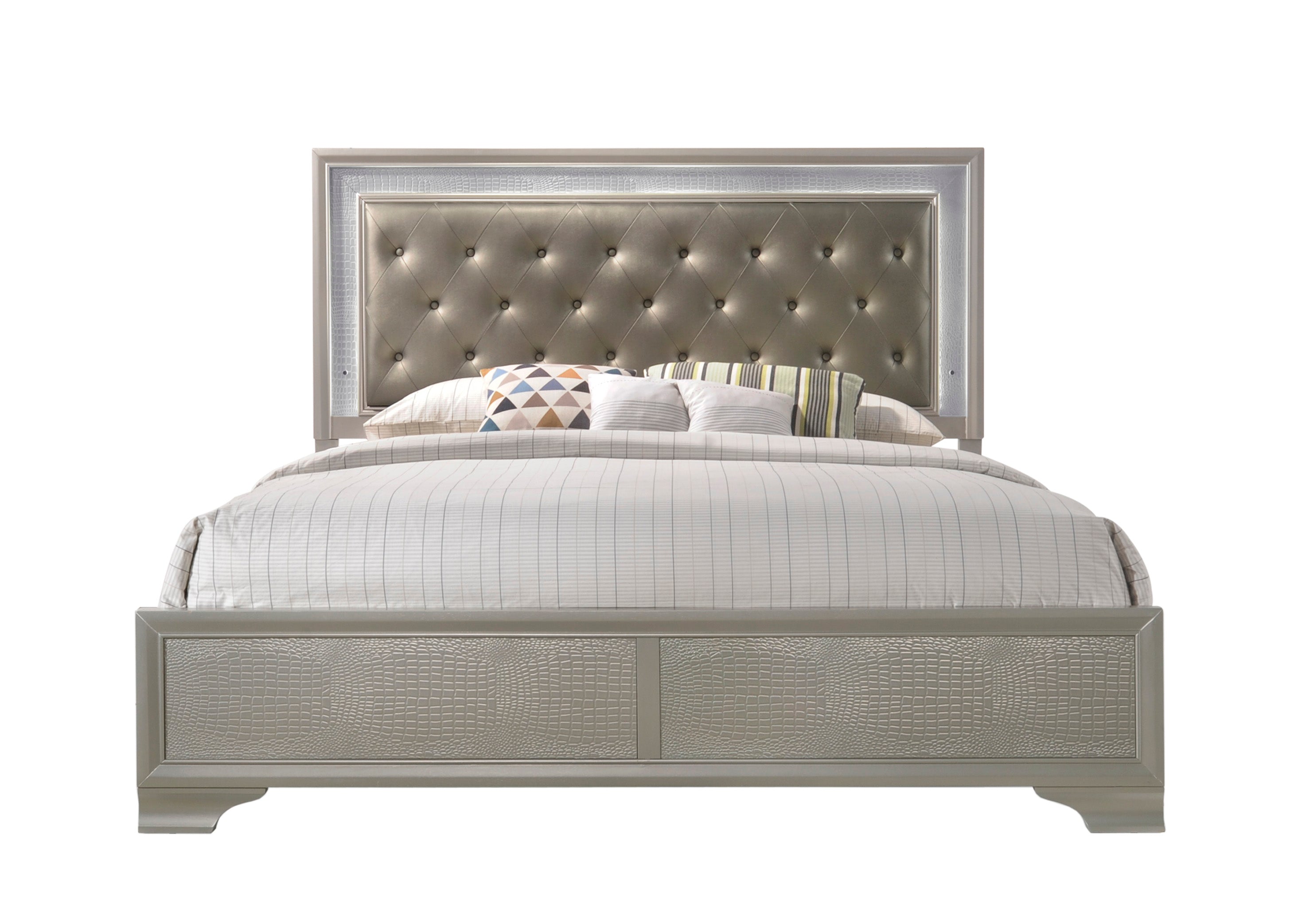 Lyssa Champagne King LED Upholstered Panel Bed - SET | B4300-K-HBFB | B4300-KQ-RAIL - Bien Home Furniture &amp; Electronics