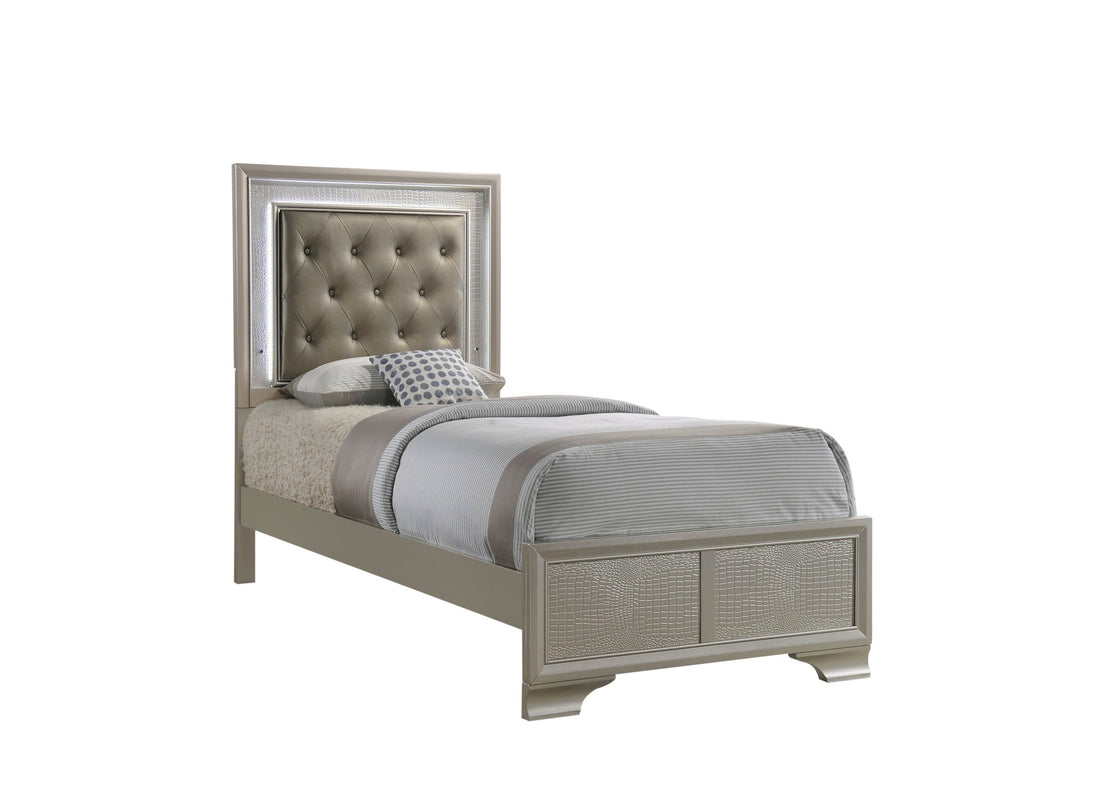 Lyssa Champagne Twin LED Upholstered Panel Bed - SET | B4300-T-HBFB | B4300-FT-RAIL - Bien Home Furniture &amp; Electronics