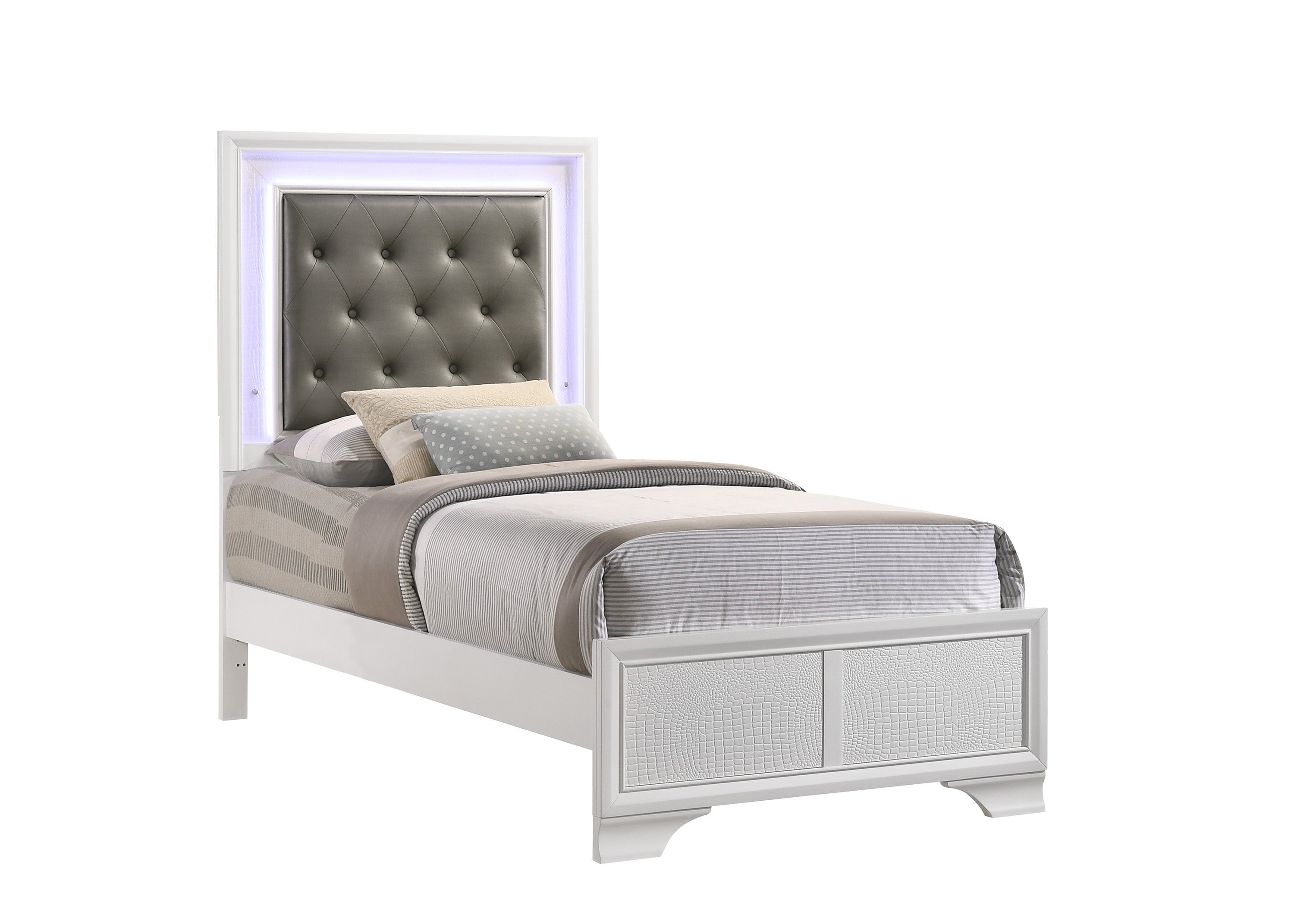 Lyssa Frost Twin LED Upholstered Panel Bed - SET | B4310-T-HBFB | B4310-FT-RAIL - Bien Home Furniture &amp; Electronics