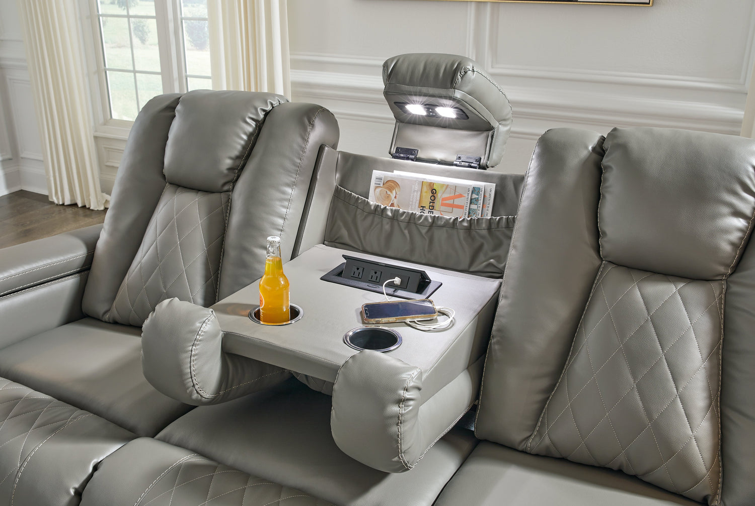 Mancin Gray Reclining Sofa with Drop Down Table - 2970289 - Bien Home Furniture &amp; Electronics