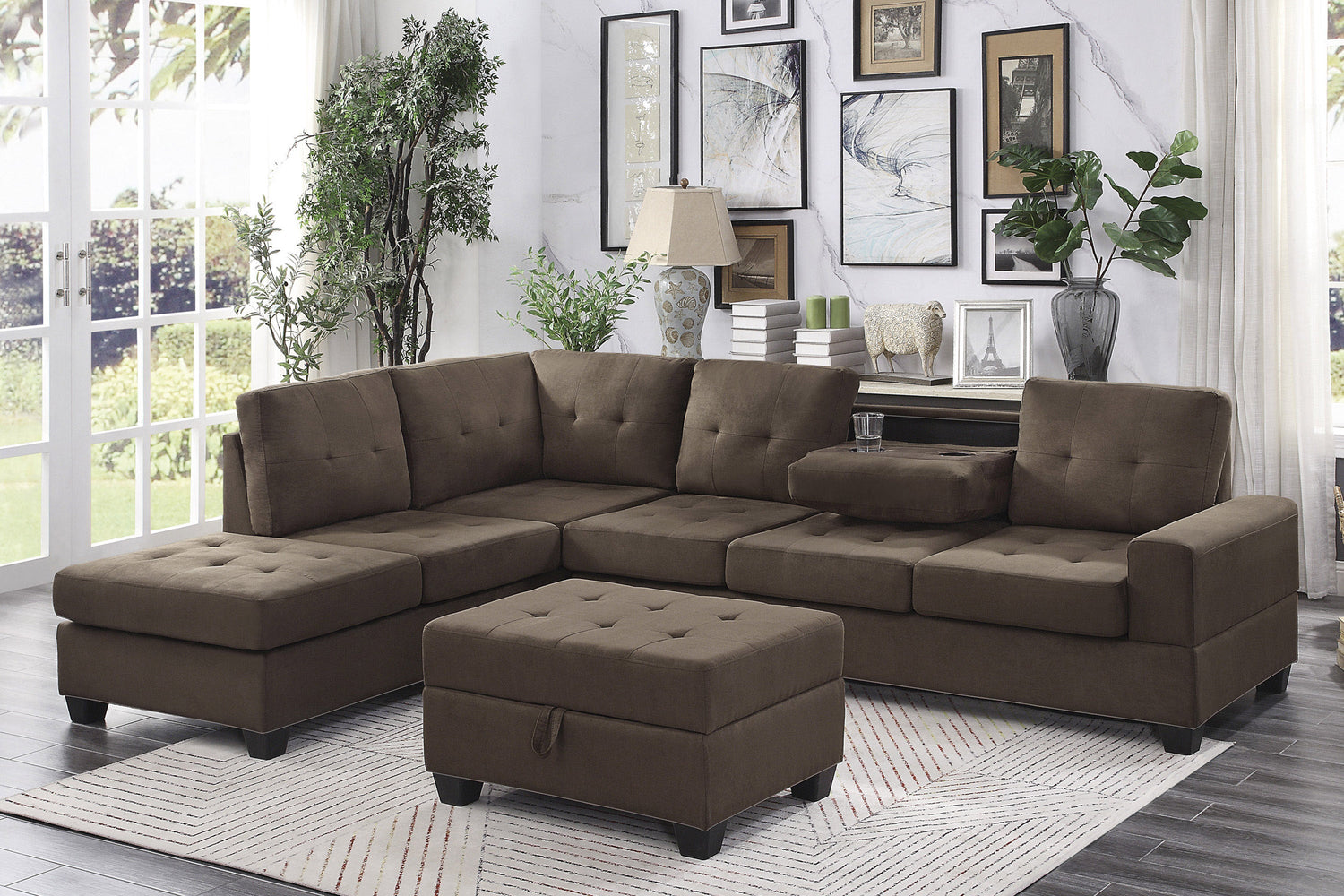 Maston Chocolate 2-Piece Reversible Sectional with Drop-Down Cup Holders - 9507CHC*SC - Bien Home Furniture &amp; Electronics