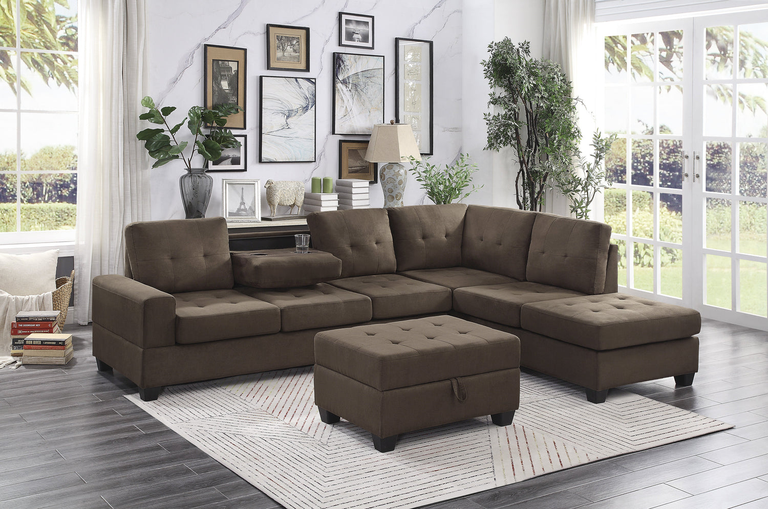 Maston Chocolate 2-Piece Reversible Sectional with Drop-Down Cup Holders and Storage Ottoman - 9507CHC*3OT - Bien Home Furniture &amp; Electronics