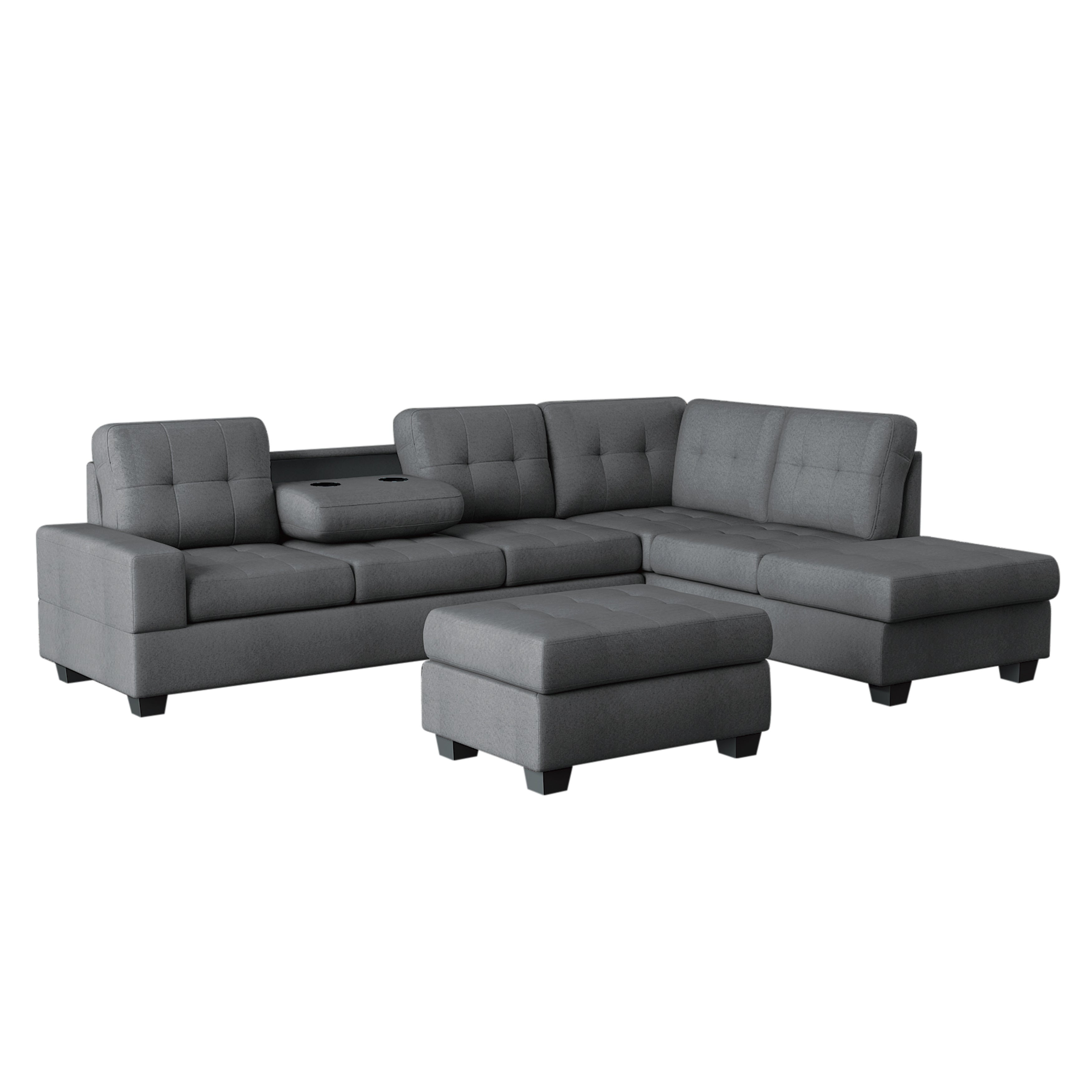 Maston Dark Gray 2-Piece Reversible Sectional with Drop-Down Cup Holders and Storage Ottoman - 9507DGY*3OT - Bien Home Furniture &amp; Electronics
