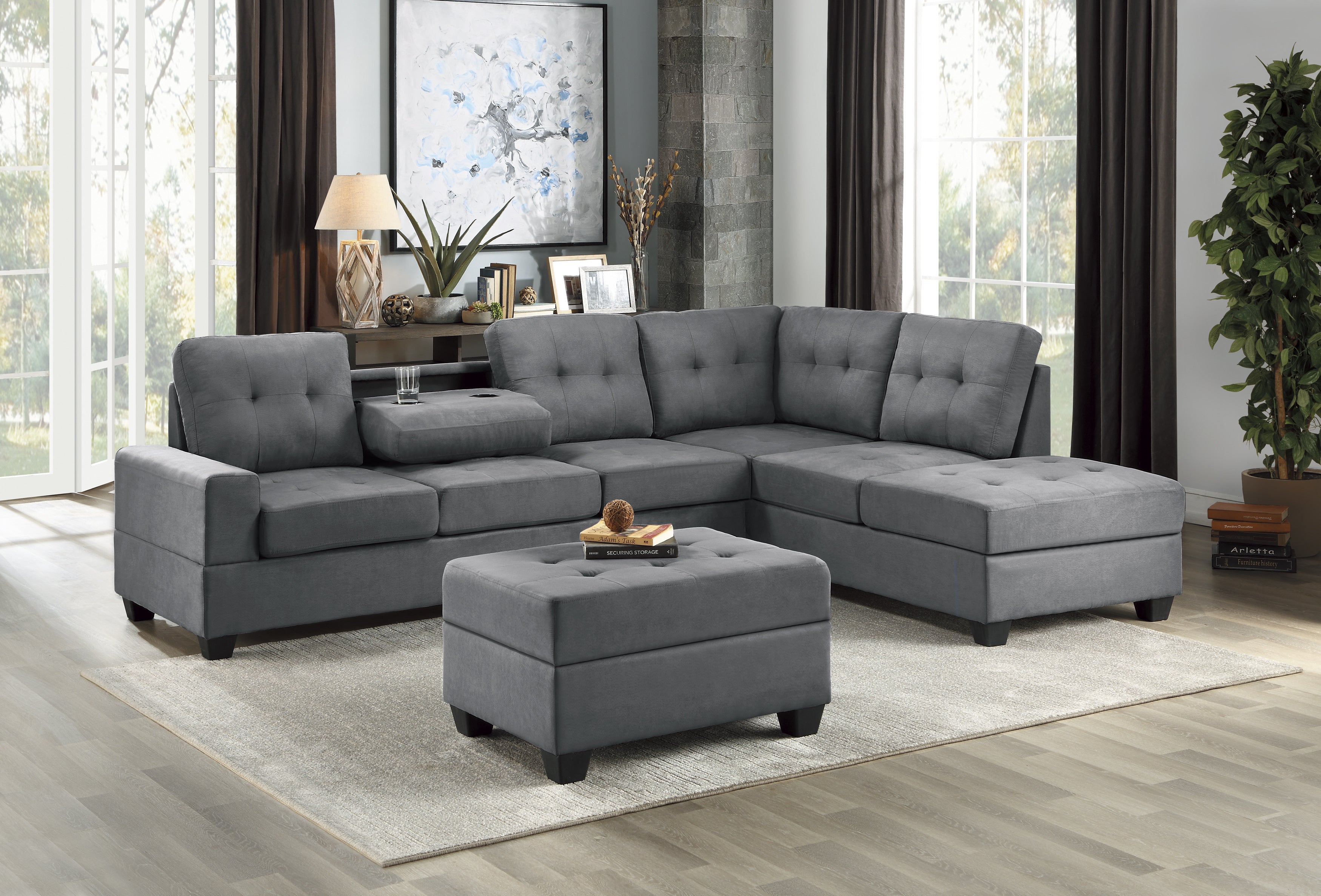 Maston Dark Gray 2-Piece Reversible Sectional with Drop-Down Cup Holders and Storage Ottoman - 9507DGY*3OT - Bien Home Furniture &amp; Electronics