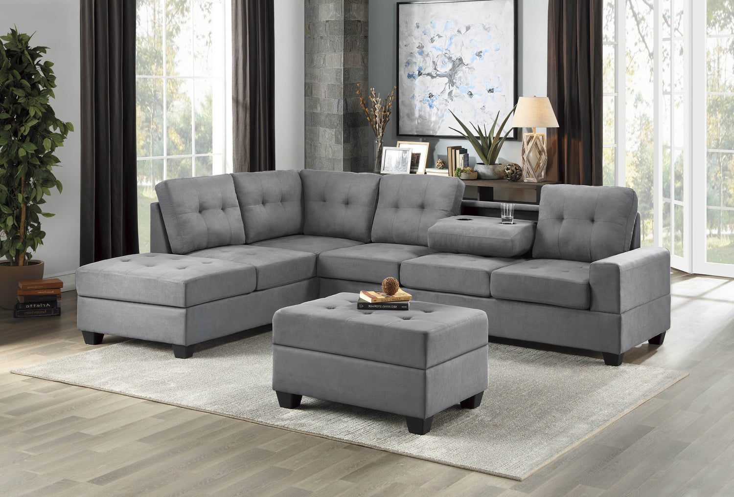 Maston Dark Gray 2-Piece Reversible Sectional with Drop-Down Cup Holders and Storage Ottoman - 9507DGY*3OT - Bien Home Furniture &amp; Electronics