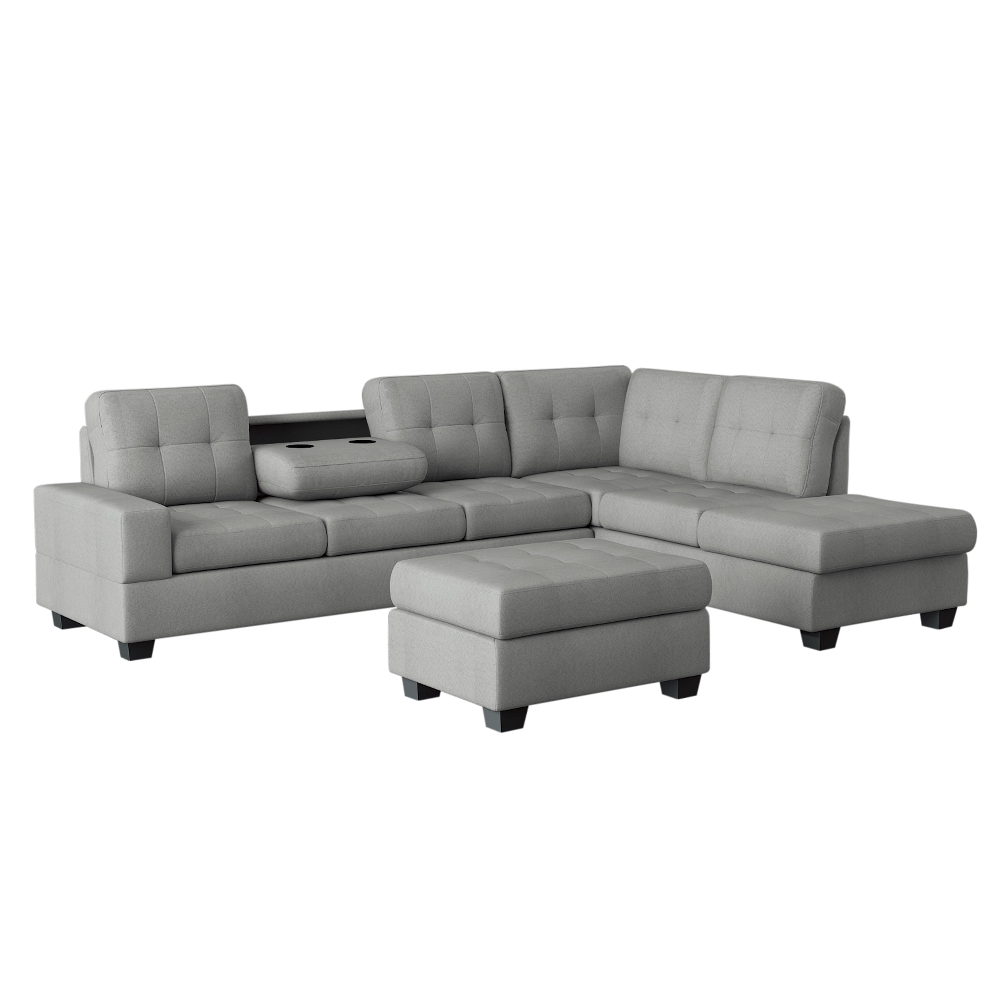 Maston Gray 2-Piece Reversible Sectional with Drop-Down Cup Holders and Storage Ottoman - 9507GRY*3OT - Bien Home Furniture &amp; Electronics