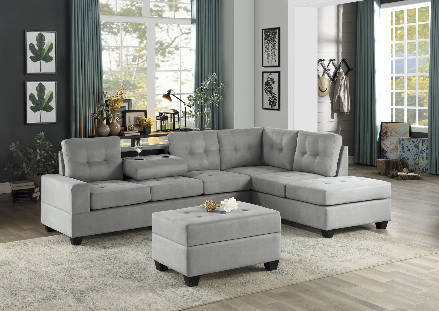 Maston Gray 2-Piece Reversible Sectional with Drop-Down Cup Holders and Storage Ottoman - 9507GRY*3OT - Bien Home Furniture &amp; Electronics