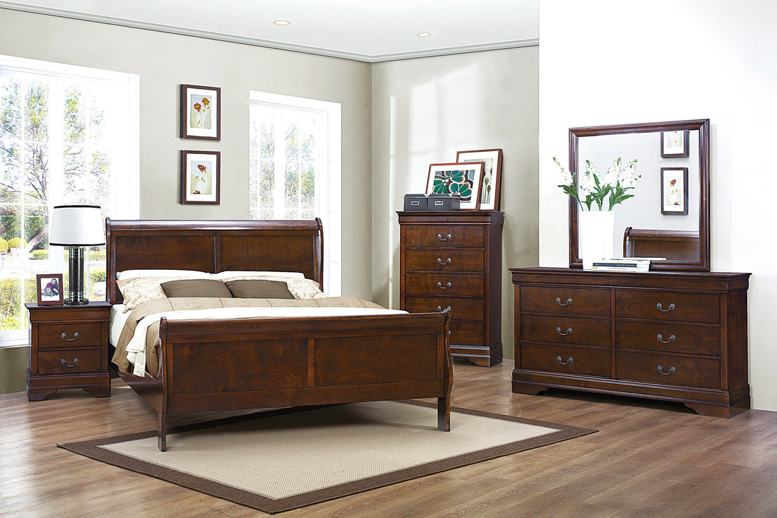 Mayville Brown Cherry Sleigh Bedroom Set - SET | 2147K-1 | 2147K-3EK | 2147-5 | 2147-6 | 2147-4 | 2147-9 - Bien Home Furniture &amp; Electronics