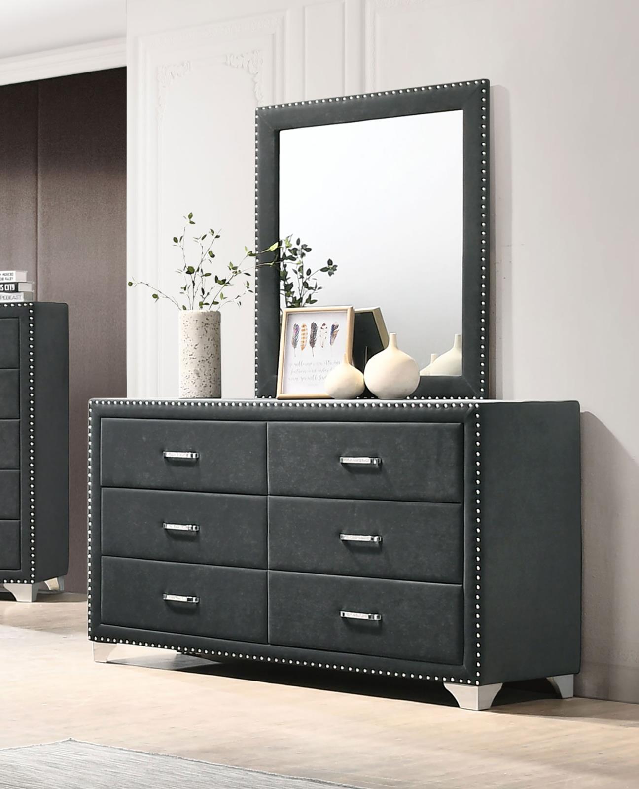 Melody 6-drawer Upholstered Dresser with Mirror Grey - 223383M - Bien Home Furniture &amp; Electronics