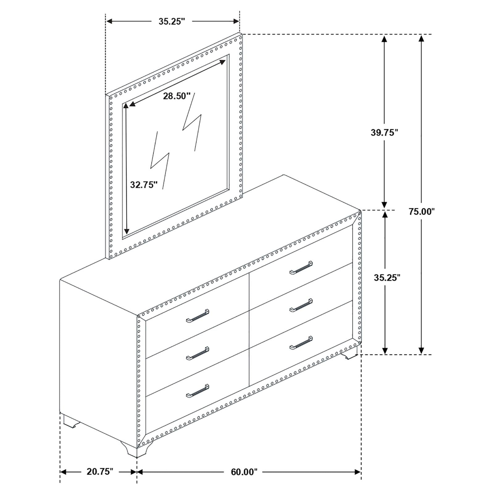 Melody 6-drawer Upholstered Dresser with Mirror Grey - 223383M - Bien Home Furniture &amp; Electronics