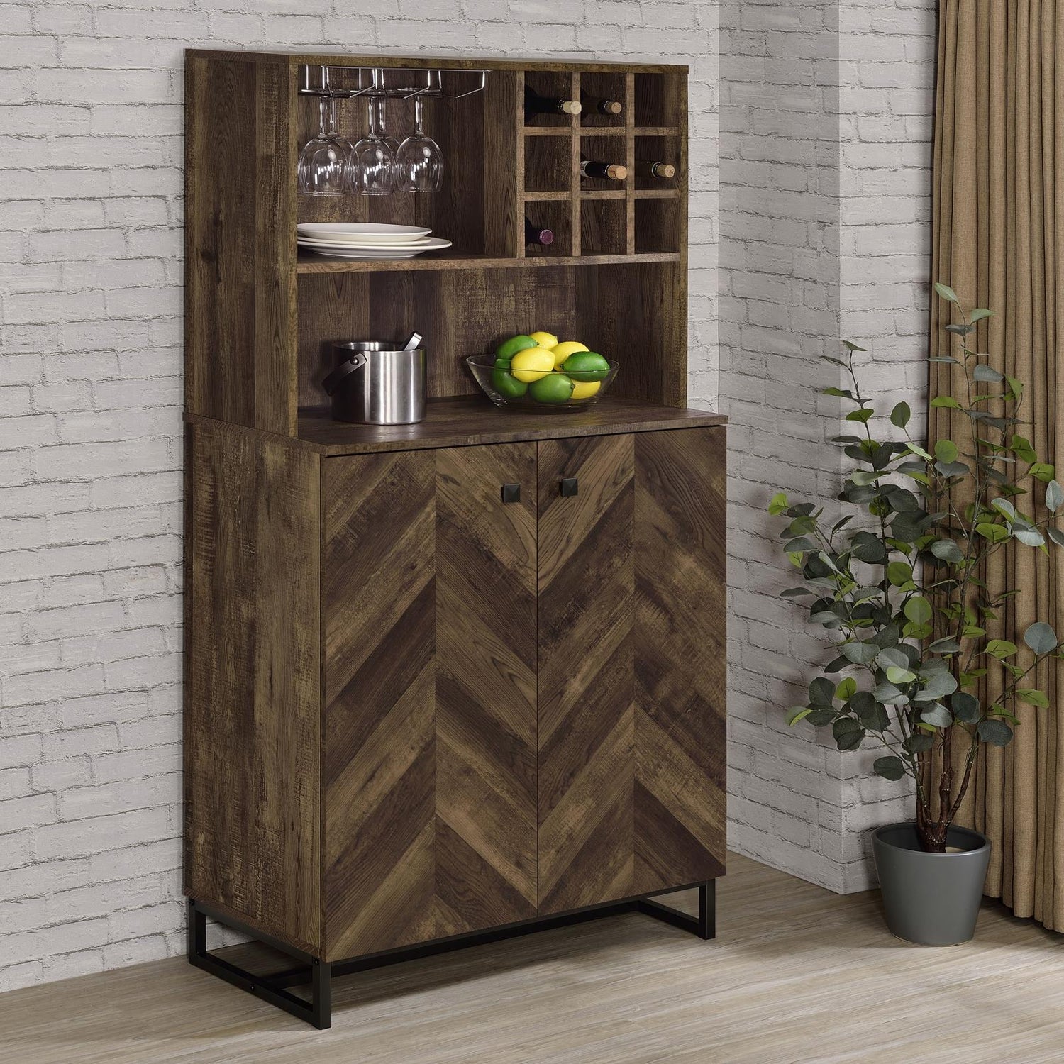 Mendoza Rustic Oak Herringbone/Gunmetal 2-Door Wine Cabinet - 182082 - Bien Home Furniture &amp; Electronics