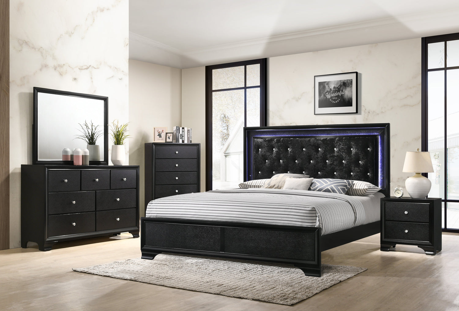 Micah Black King LED Upholstered Panel Bed - SET | B4350-K-HBFB | B4350-KQ-RAIL - Bien Home Furniture &amp; Electronics