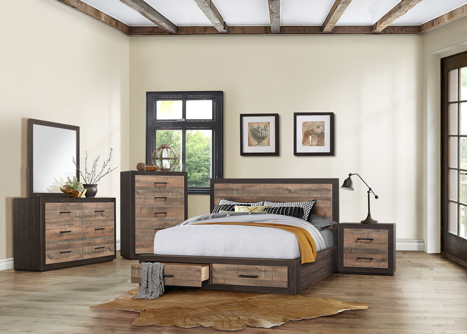 Miter Brown Queen Storage Platform Bed - SET | 1762-1 | 1762-2 | 1762-3 - Bien Home Furniture &amp; Electronics