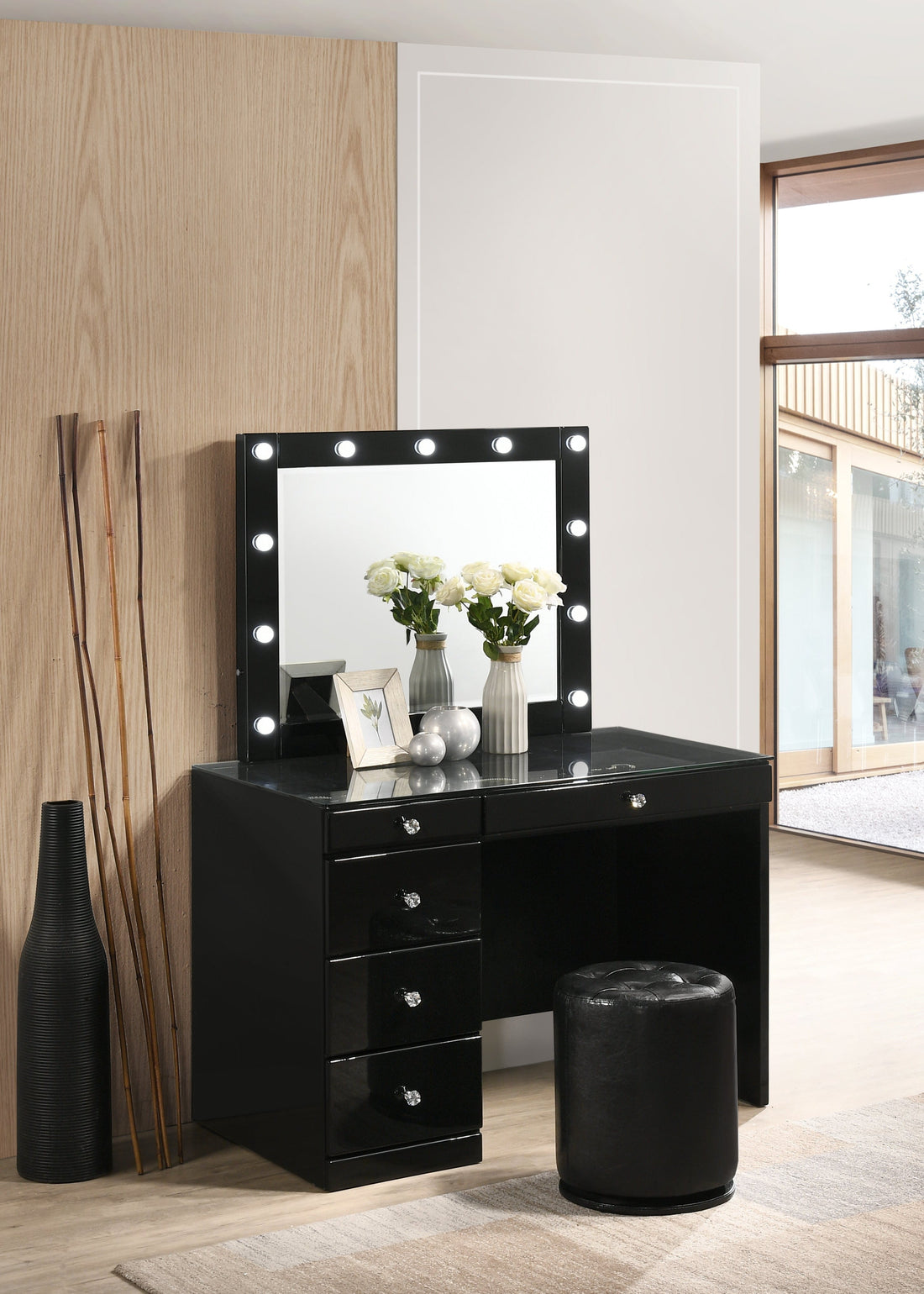 Morgan Black Makeup Vanity Set with Lighted Mirror - SET | B4851BK-91-BASE | B4851BK-91-TOP | B4850BK-91-11 | B4851BK-93 - Bien Home Furniture &amp; Electronics