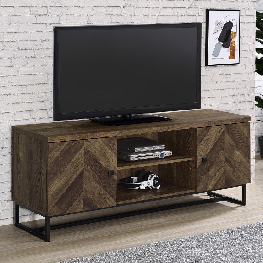 Myles 2-Door TV Console with Adjustable Shelves Rustic Oak Herringbone - 736052 - Bien Home Furniture &amp; Electronics