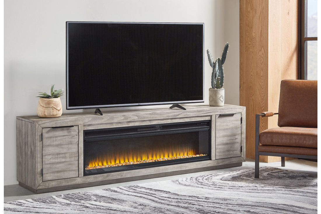 Naydell Gray 92&quot; TV Stand with Electric Fireplace - SET | W100-22 | W996-78 - Bien Home Furniture &amp; Electronics
