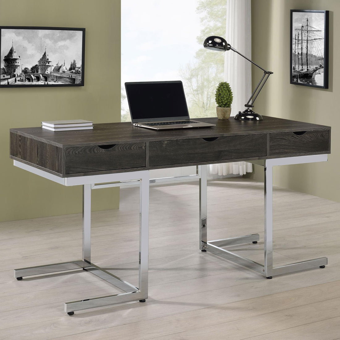 Noorvik Dark Oak/Chrome 3-Drawer Writing Desk - 881571 - Bien Home Furniture &amp; Electronics