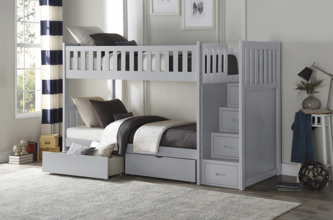 Orion Gray Twin/Twin Step Bunk Bed with Storage Boxes - SET | B2063SB-1 | B2063SB-2 | B2063SB-3 | B2063SB-SL | B2063-T - Bien Home Furniture &amp; Electronics