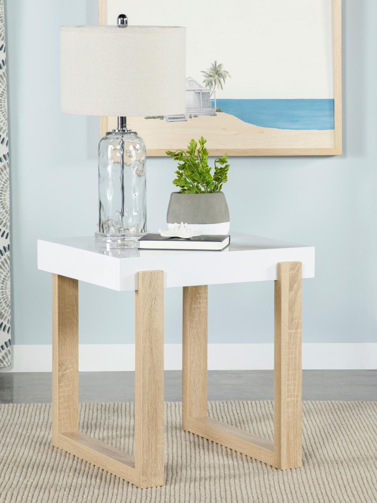 Pala Rectangular End Table with Sled Base White High Gloss/Natural - 753397 - Bien Home Furniture &amp; Electronics