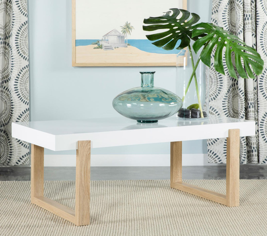 Pala White High Gloss/Natural Rectangular Coffee Table with Sled Base - 753398 - Bien Home Furniture &amp; Electronics