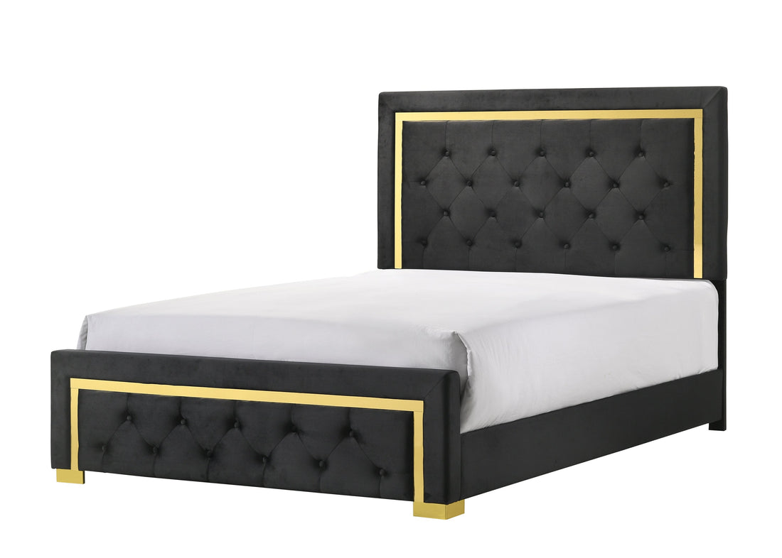 Pepe Black/Gold King Panel Upholstered Bed - SET | B9290-K-HBFB | B9290-KQ-RAIL - Bien Home Furniture &amp; Electronics