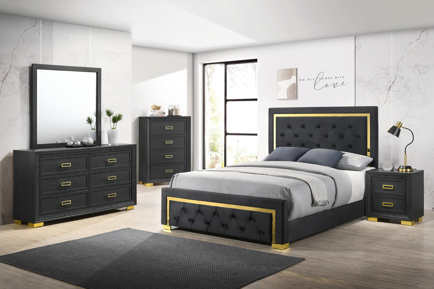 Pepe Black/Gold King Panel Upholstered Bed - SET | B9290-K-HBFB | B9290-KQ-RAIL - Bien Home Furniture &amp; Electronics