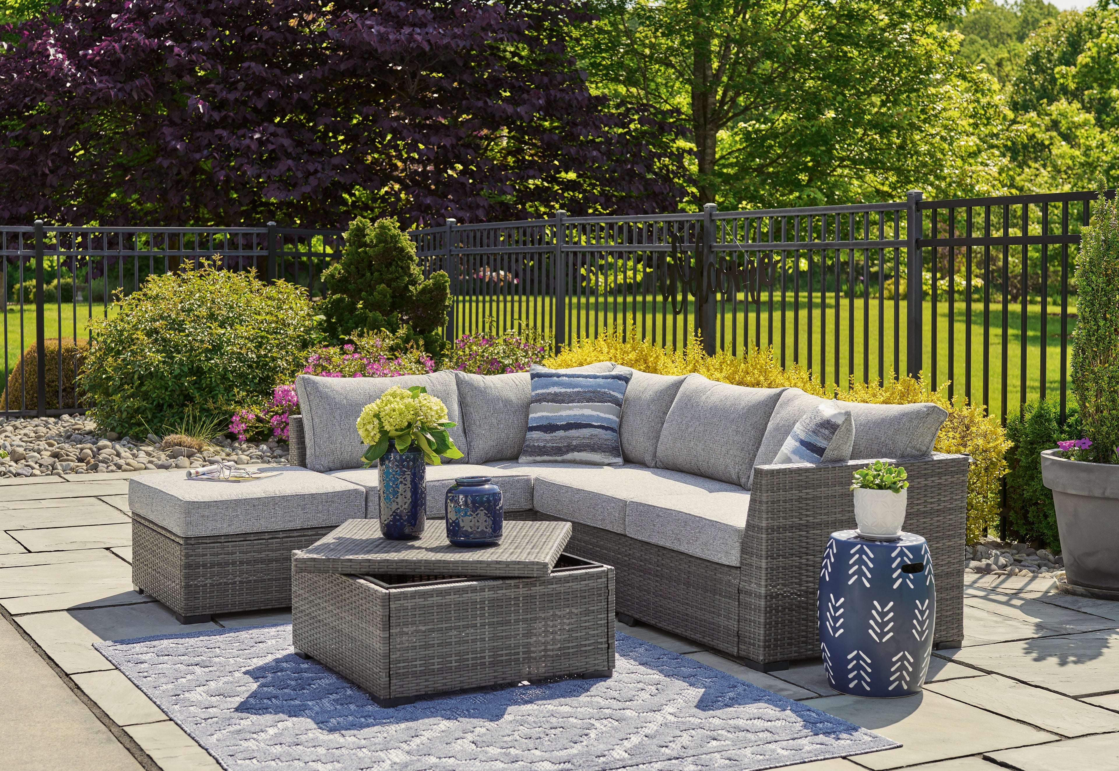 Petal Road Gray Outdoor Loveseat Sectional/Ottoman/Table Set, Set of 4 - P297-070 - Bien Home Furniture &amp; Electronics