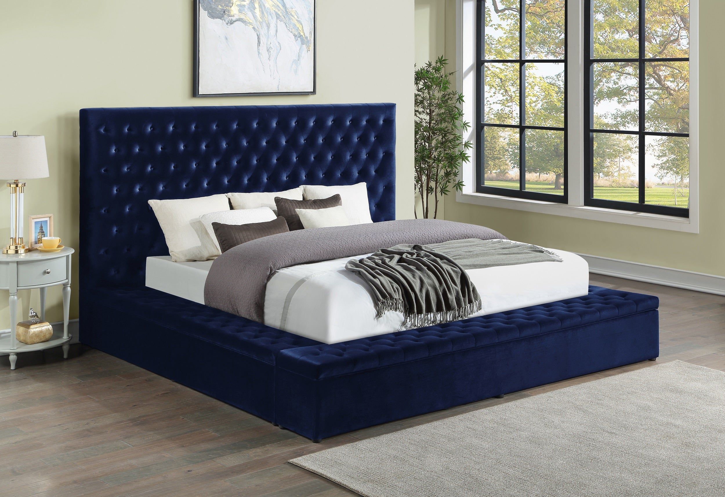 Prague Blue Velvet King Upholstered Storage Platform Bed - SET | SH250BLUK-1 | SH250BLUK-2 | SH250BLUK-3EK - Bien Home Furniture &amp; Electronics