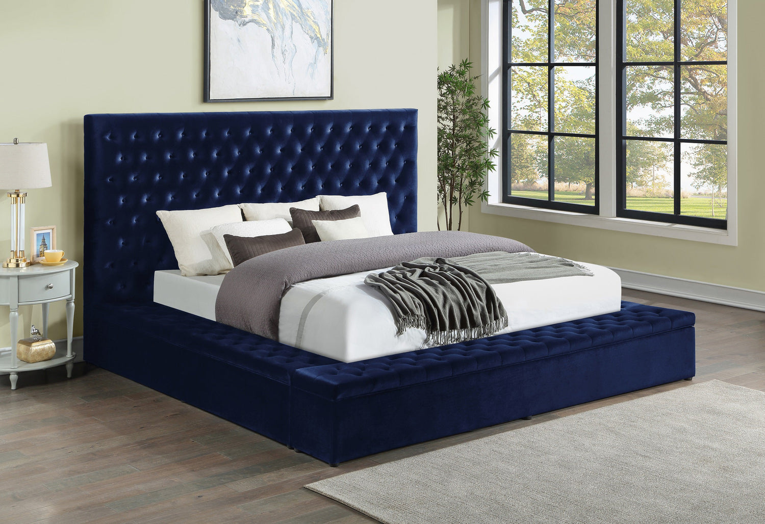 Prague Blue Velvet Queen Upholstered Storage Platform Bed - SET | SH250BLU-1 | SH250BLU-2 | SH250BLU-3 - Bien Home Furniture &amp; Electronics