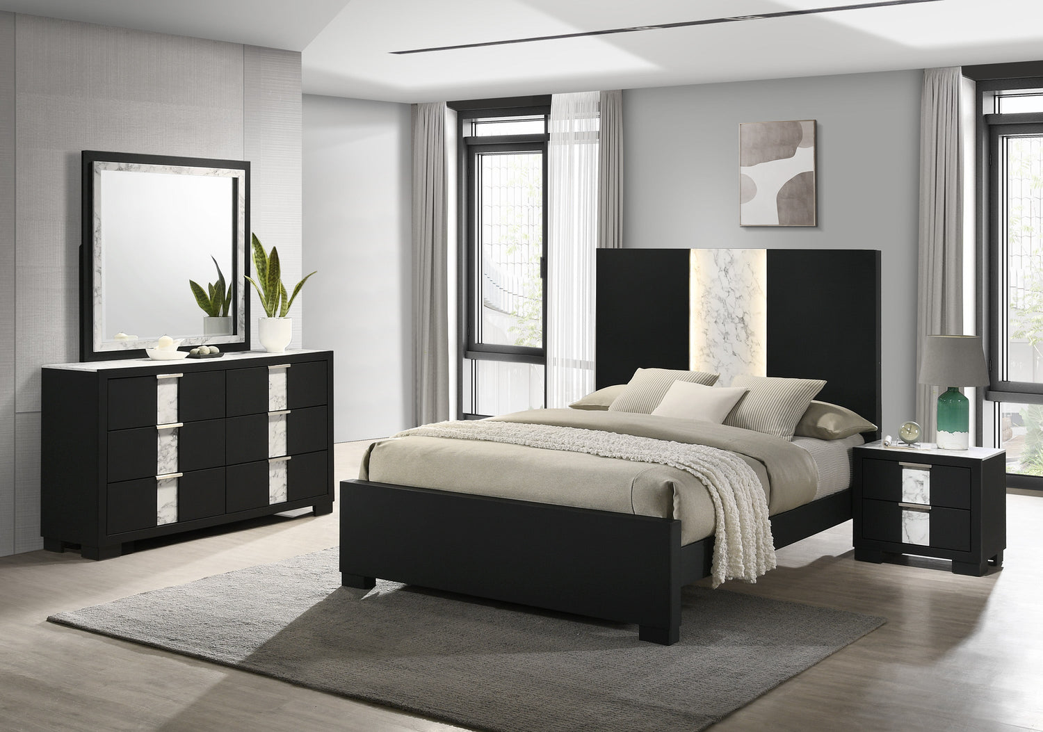 Rangley Black LED Panel Bedroom Set - SET | B6835-Q-HB | B6835-Q-FB | B6835-KQ-RAIL | B6835-2 | B6835-4 - Bien Home Furniture &amp; Electronics