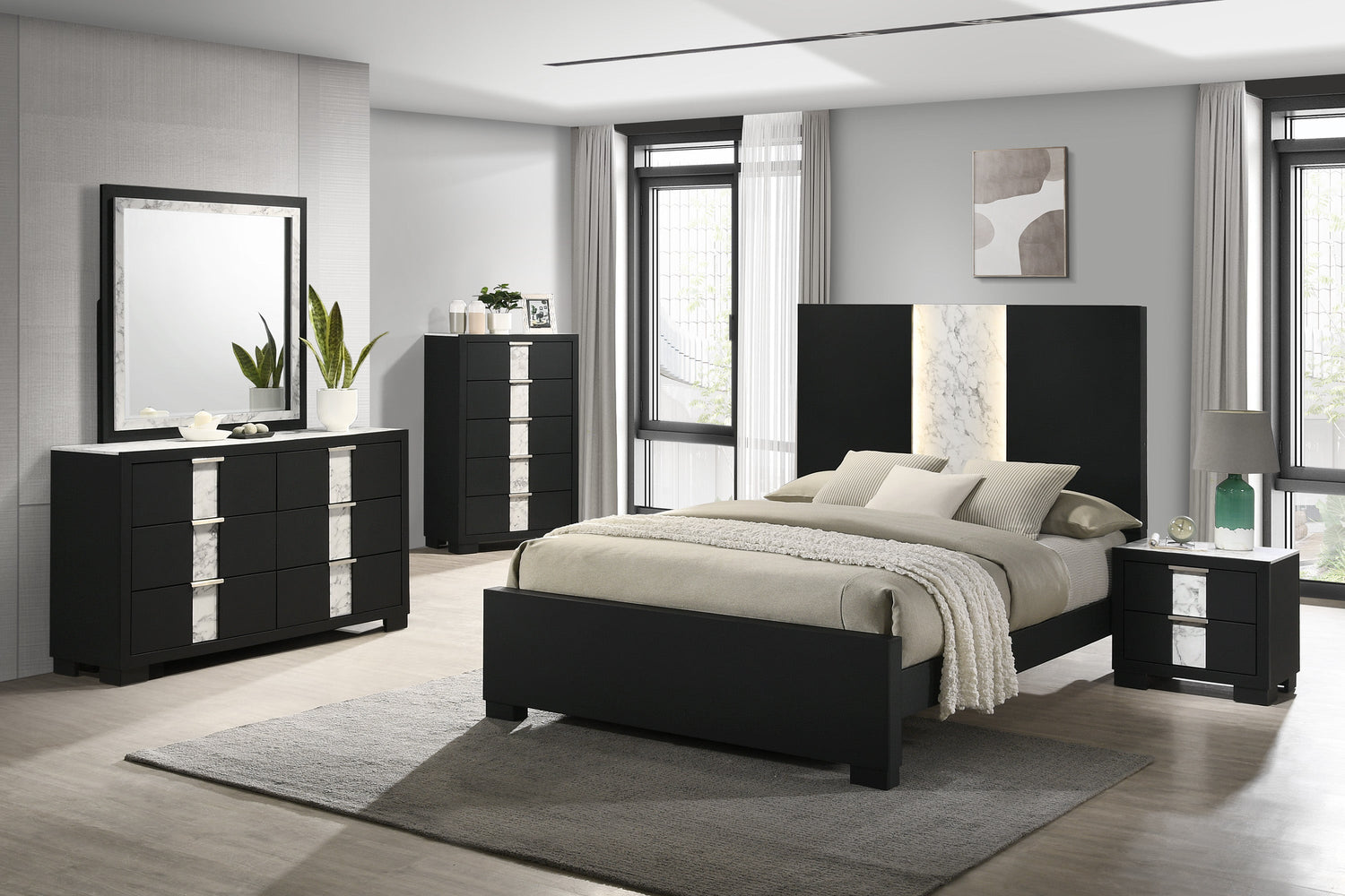 Rangley Black Queen LED Panel Bed - SET | B6835-Q-HB | B6835-Q-FB | B6835-KQ-RAIL | - Bien Home Furniture &amp; Electronics