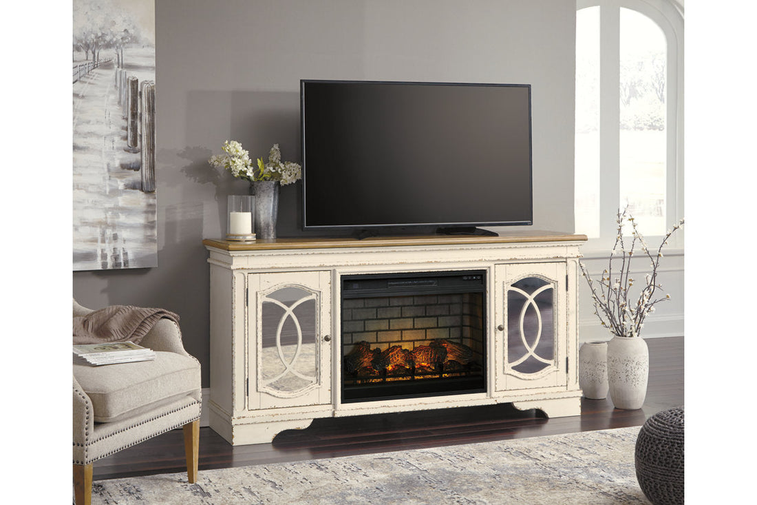 Realyn Chipped White 74&quot; TV Stand with Electric Fireplace - SET | W743-68 | W100-121 - Bien Home Furniture &amp; Electronics