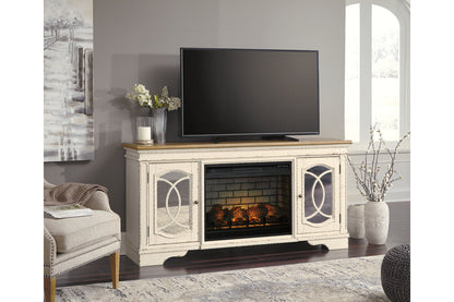 Realyn Chipped White 74&quot; TV Stand with Electric Fireplace - SET | W743-68 | W100-121 - Bien Home Furniture &amp; Electronics